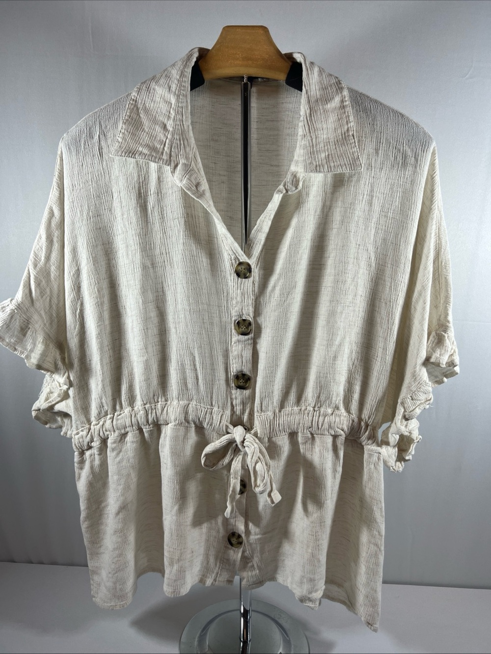 Democracy Blouse L White Gauze Drawstring Button Up Shirt Top Casual Coastal